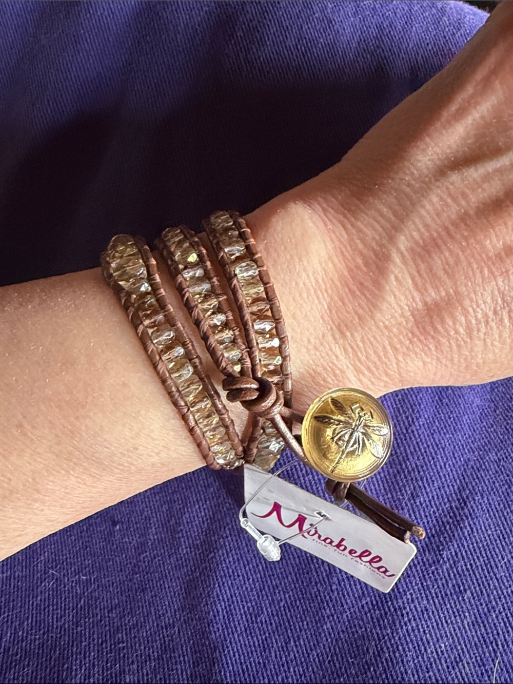 MIRABELLA Bracelet Necklace Crystals Dragonfly Button Multi-Wrap Leather Beads